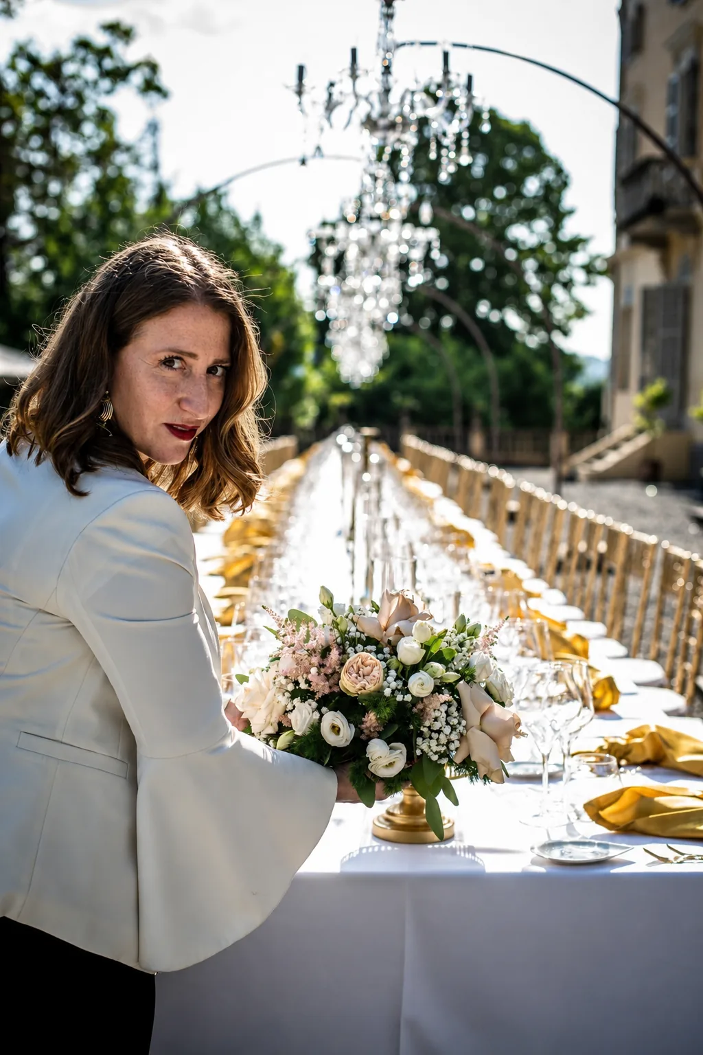 Carolina Certani con la composizione floreale accanto alla tavola allestita per un ricevimento